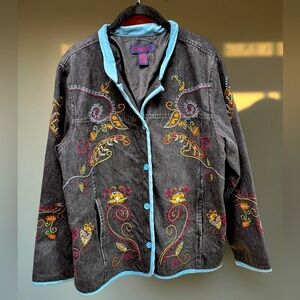 Denim & Co. Vintage Embroidered Jean Jacket Large